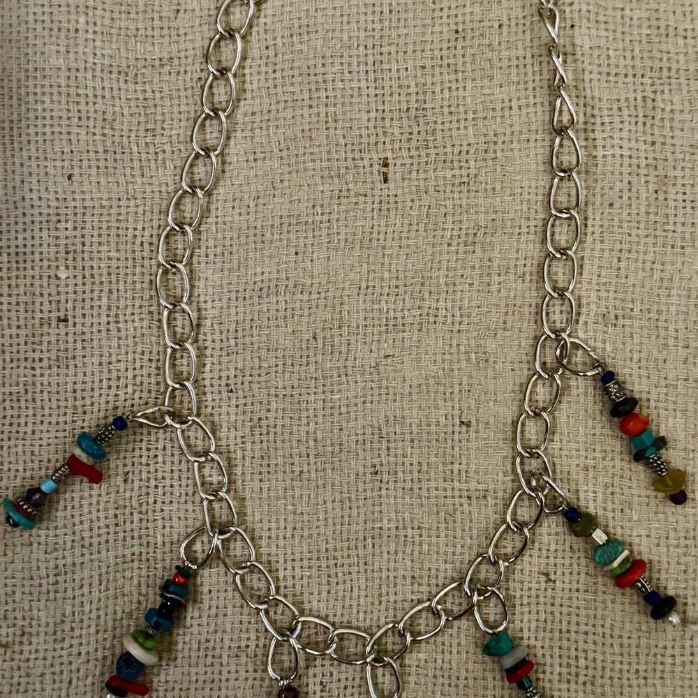 Silver Beaded Necklace with Multicolor Accents